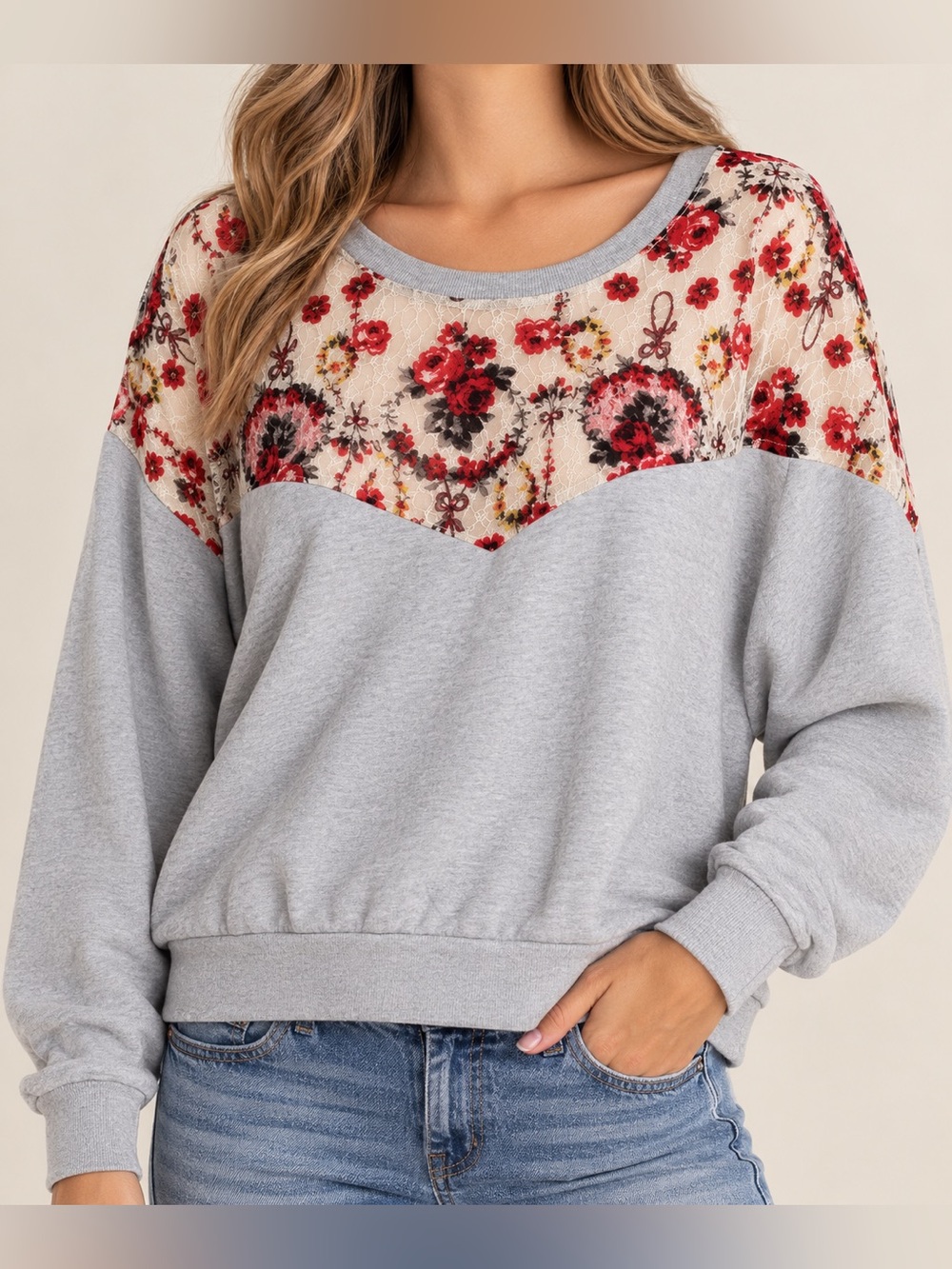 Free People Floral Lace Sheer Yoke Oversized Sweatshirt Gray Size S